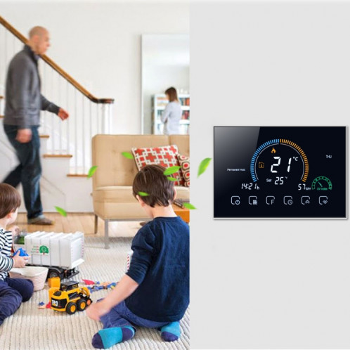 BHT-8000-GA Contrôle du chauffage de l'eau Économie d'énergie et respect de l'environnement Smart Home Affichage négatif Écran LCD Thermostat d'ambiance rond sans WiFi (Noir) SH017B291-06