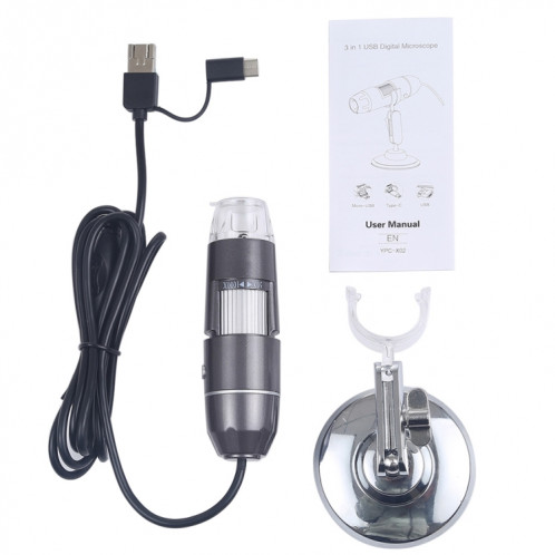 Capteur d'image 1000X Magnifier HD 0.3MP Microscope numérique USB 3 en 1 avec 8 LED et support professionnel (noir) SH051B1444-09
