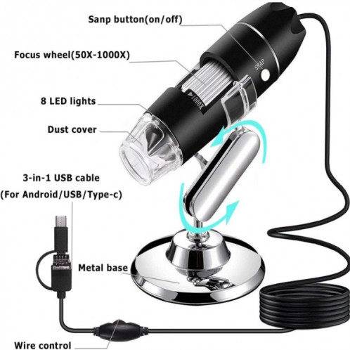 Capteur d'image 1000X Magnifier HD 0.3MP Microscope numérique USB 3 en 1 avec 8 LED et support professionnel (gris) SH051H1267-09