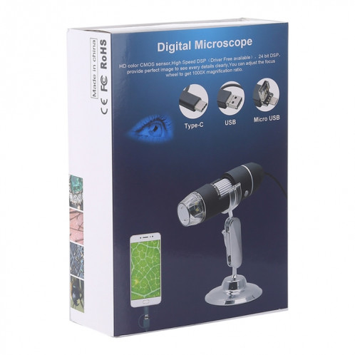 Capteur d'image 1000X Magnifier HD 0.3MP Microscope numérique USB 3 en 1 avec 8 LED et support professionnel (gris) SH051H1267-09
