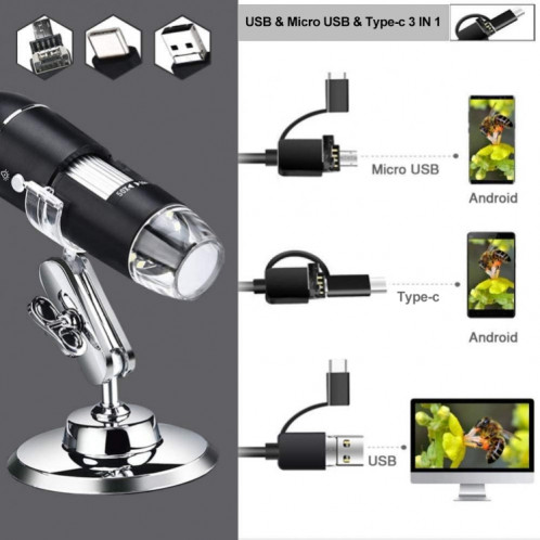 Capteur d'image 1000X Magnifier HD 0.3MP Microscope numérique USB 3 en 1 avec 8 LED et support professionnel (gris) SH051H1267-09