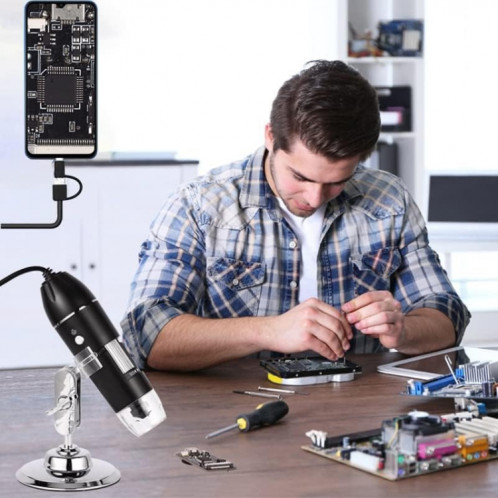 Capteur d'image 1000X Magnifier HD 0.3MP Microscope numérique USB 3 en 1 avec 8 LED et support professionnel (gris) SH051H1267-09