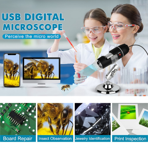 Capteur d'image 1000X Magnifier HD 0.3MP Microscope numérique USB 3 en 1 avec 8 LED et support professionnel (gris) SH051H1267-09