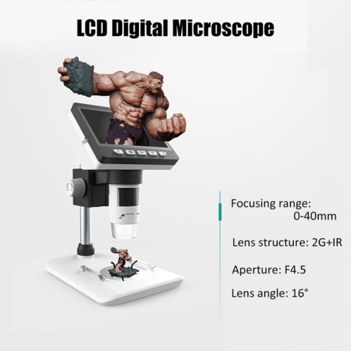 Microscope de bureau numérique électronique portable 50X-1000X 1080P avec lumière LED, Carte de support micro SD (32 Go max.) (Blanc) SH230W1508-08