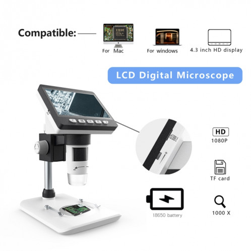 Microscope de bureau numérique électronique portable 50X-1000X 1080P avec lumière LED, Carte de support micro SD (32 Go max.) (Blanc) SH230W1508-08