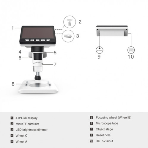 Microscope de bureau numérique électronique portable 50X-1000X 1080P avec lumière LED, Carte de support micro SD (32 Go max.) (Blanc) SH230W1508-08