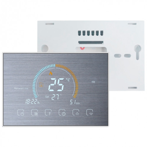 BHT-8000-GA-SS Contrôle de miroir en acier inoxydable brossé Chauffage de l'eau Économie d'énergie et respectueux de l'environnement Smart Home Affichage négatif Écran LCD Thermostat d'ambiance rond sans WiFi SH5381385-06