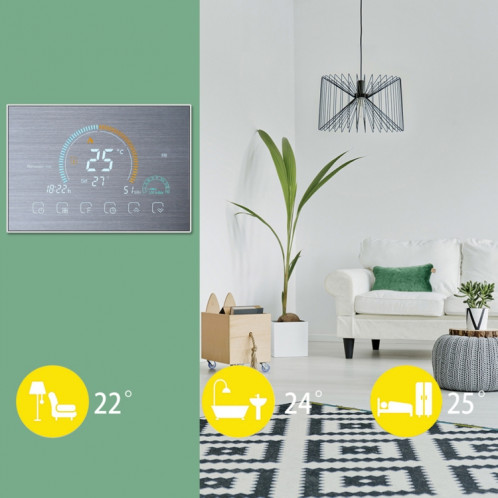 BHT-8000-GA-SS Contrôle de miroir en acier inoxydable brossé Chauffage de l'eau Économie d'énergie et respectueux de l'environnement Smart Home Affichage négatif Écran LCD Thermostat d'ambiance rond sans WiFi SH5381385-06