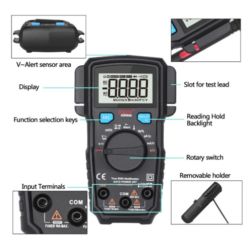 BSIDE ADM66 portable domestique 6000 comptage AC / DC condensateur de tension de courant multimètre de plage automatique avec rétro-éclairage LCD et fonction de fente pour carte SB5613790-014