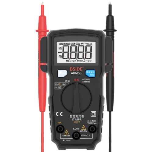 BSIDE ADMS6 Petit multimètre intelligent numérique entièrement automatique de haute précision avec affichage numérique HD et couvercle antichoc, commutateur de plage de fonctions de soutien et porte-stylo double SH614B110-015
