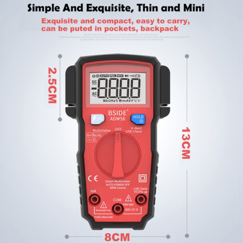 BSIDE ADMS6 Petit multimètre intelligent numérique entièrement automatique de haute précision avec affichage numérique HD et couvercle antichoc, commutateur de plage de fonctions de soutien et porte-stylo double SH614B110-015