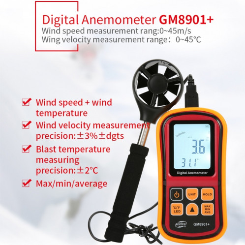 Benetech GM8901 + Haute précision Anémomètre Vélo Température Température Mesure Mesure Digital LCD Display Mètre Outil de mesure SB5631476-08