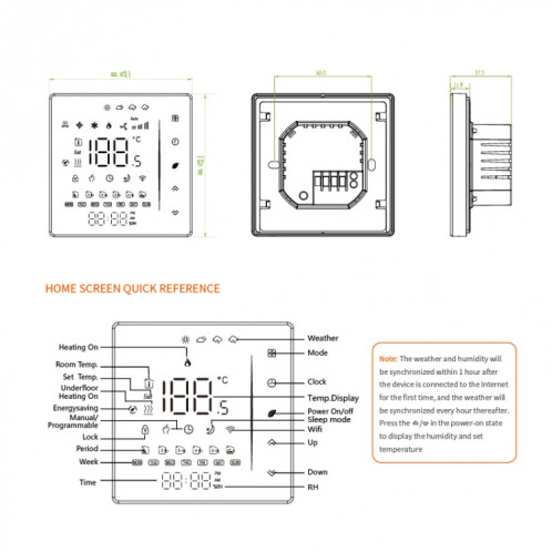BHT-006GCLW 95-240V AC 5A Thermostat de chauffage à domicile SMART pour la boîte de l'UE, chauffage de la chaudière de contrôle avec un seul capteur interne, WiFi (Noir) SH888B1230-07