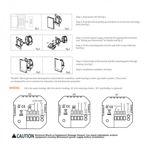 BHT-006GCLW 95-240V AC 5A Thermostat de chauffage à domicile SMART pour la boîte de l'UE, chauffage de la chaudière de contrôle avec un seul capteur interne, WiFi (Noir) SH888B1230-07