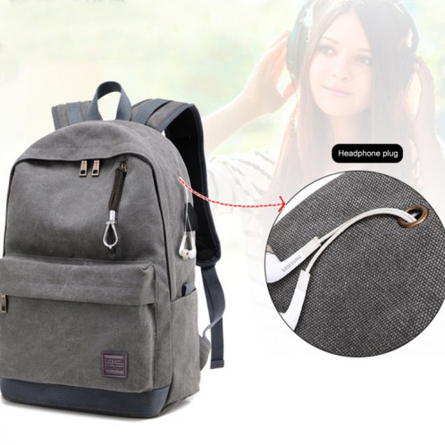 Sac à dos de voyage en toile décontracté multifonctionnel pour étudiants avec interface de chargement USB externe et prise casque (noir) SH095B1452-09