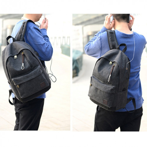 Sac à dos de voyage en toile décontracté multifonctionnel pour étudiants avec interface de chargement USB externe et prise casque (noir) SH095B1452-09