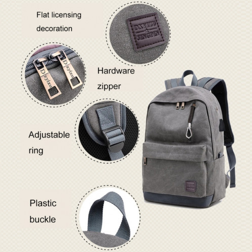 Sac à dos de voyage en toile décontracté multifonctionnel pour étudiants avec interface de chargement USB externe et prise casque (café) SH095C1546-09