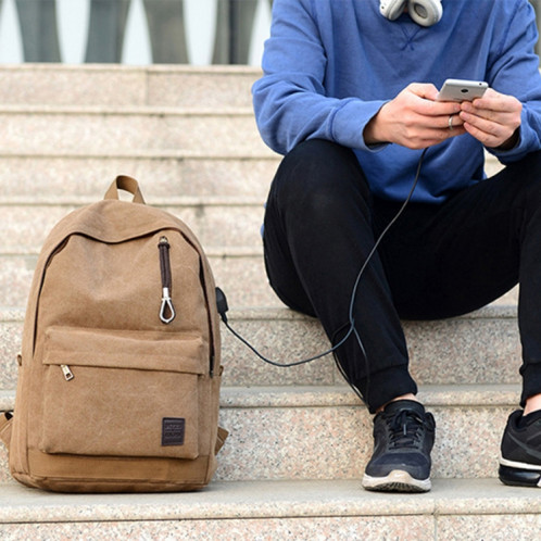 Sac à dos de voyage en toile décontracté multifonctionnel pour étudiants avec interface de chargement USB externe et prise casque (café) SH095C1546-09