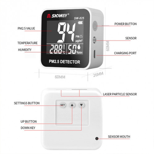 SNDWAY SW-825 Détecteur de purification en temps réel de la qualité de l'air de bureau de chargement Micro USB avec écran LED HiD, invite d'alarme de soutien SS7799931-010