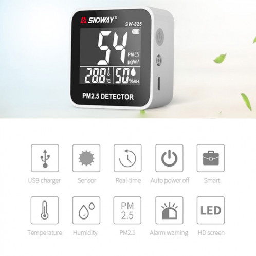 SNDWAY SW-825 Détecteur de purification en temps réel de la qualité de l'air de bureau de chargement Micro USB avec écran LED HiD, invite d'alarme de soutien SS7799931-010
