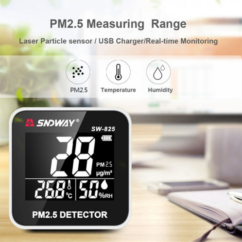 SNDWAY SW-825 Détecteur de purification en temps réel de la qualité de l'air de bureau de chargement Micro USB avec écran LED HiD, invite d'alarme de soutien SS7799931-010