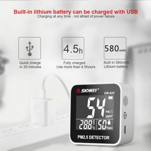 SNDWAY SW-825 Détecteur de purification en temps réel de la qualité de l'air de bureau de chargement Micro USB avec écran LED HiD, invite d'alarme de soutien SS7799931-010