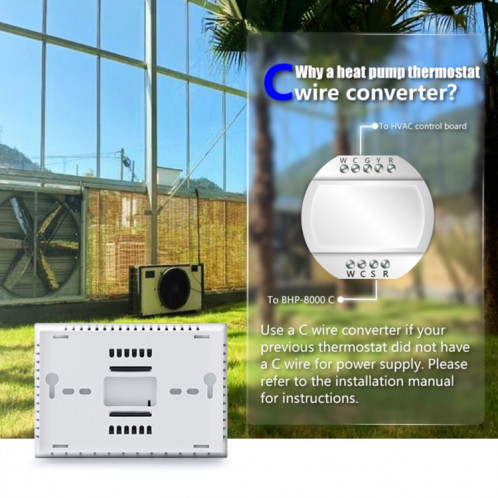 BHP-8000-WIFI-W 3H2C Thermostat de boîtier de miroir rond pour pompe à chaleur domestique intelligente avec plaque d'adaptation et WiFi, AC 24V (Blanc) SH670W1760-012
