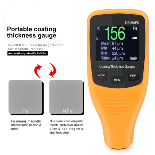 RZ260FN Ferreux et Non Ferreux 2 en 1 Écran LCD Revêtement Ultrasonique Jauge D'épaisseur De Peinture Outils De Compteur (Orange) SH798E1844-010