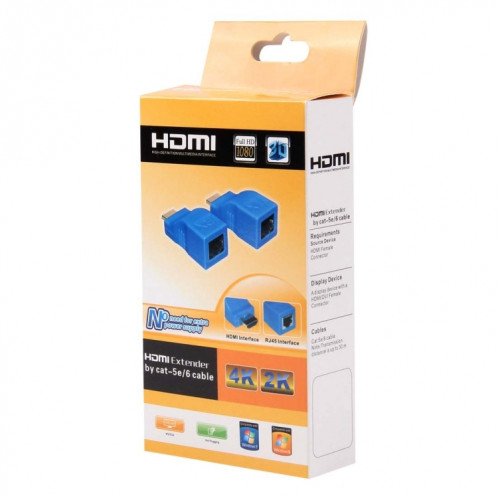 Adaptateur d'extension HDMI vers RJ45 (récepteur et émetteur) par câble Cat-5e / 6, distance de transmission: 30 m (bleu) SH003L313-06