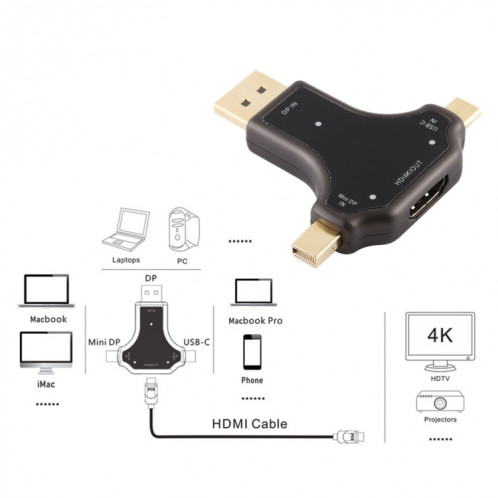 Adaptateur D63A DisplayPort + Mini DP + UCB-C / Type-C mâle vers HDMI femelle 3 en 1 SH00961058-08