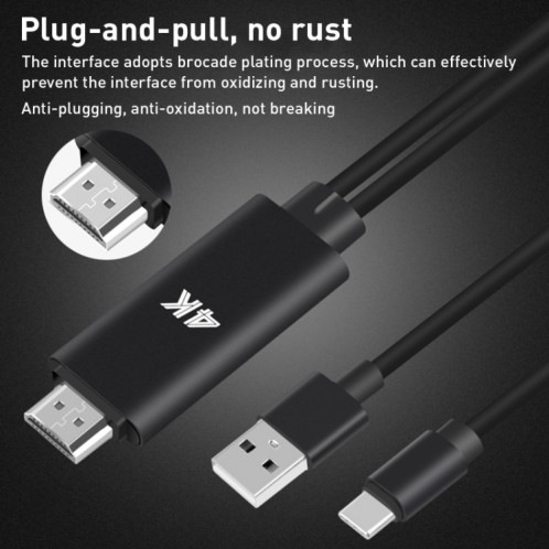 Câble d'alimentation USB Onten 9572A USB-C/Type-C vers HDMI 4K en alliage d'aluminium, longueur : 1,8 m (noir) SH225B1445-06