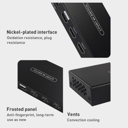 Measy SWH4651 4K 60 Hz 5 entrées 1 sortie commutateur convertisseur HDMI, type de prise : prise américaine (noir) SM233B56-09