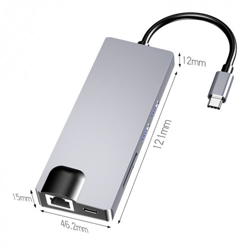 HW-TC12 8 en 1 type-c / USB-C adaptateur de concentrateur d'extension multifonctionnel lecteur de carte Hdmi / Vga Hub + carte réseau SH1121829-011