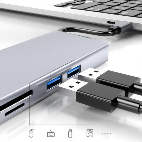 HW-TC12 8 en 1 type-c / USB-C adaptateur de concentrateur d'extension multifonctionnel lecteur de carte Hdmi / Vga Hub + carte réseau SH1121829-011
