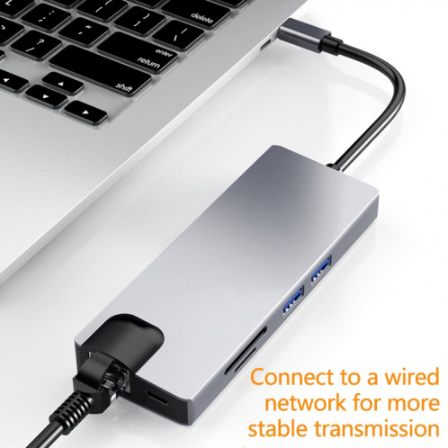 HW-TC12 8 en 1 type-c / USB-C adaptateur de concentrateur d'extension multifonctionnel lecteur de carte Hdmi / Vga Hub + carte réseau SH1121829-011
