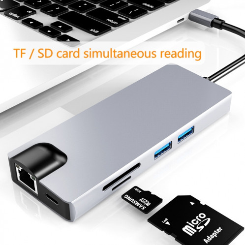 HW-TC12 8 en 1 type-c / USB-C adaptateur de concentrateur d'extension multifonctionnel lecteur de carte Hdmi / Vga Hub + carte réseau SH1121829-011