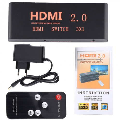 Commutateur HDMI 2.0 3X1 4K / 60Hz avec télécommande, SH11521888-011