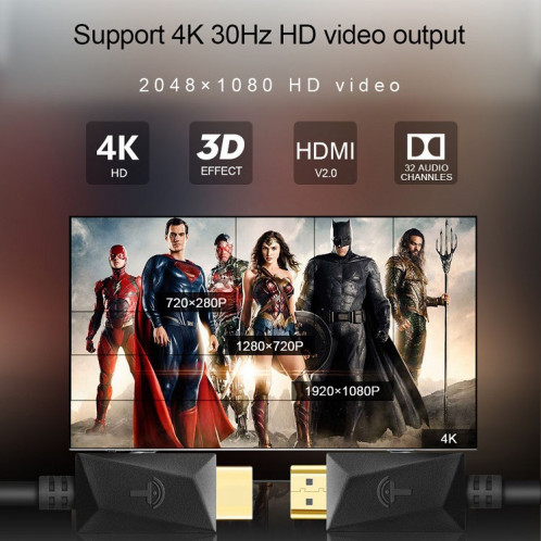 ROCKETEK HDMI01Y-2 HDMI 2.0 4K 30Hz 3D HD Connecteur plaqué or Câble HDMI pour tous les appareils HDMI, longueur: 2 m SR85011783-09