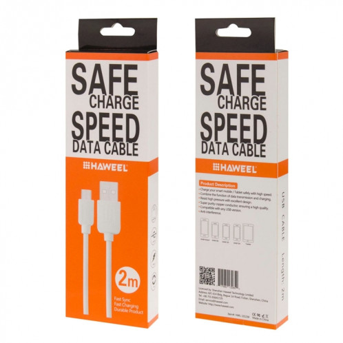 Micro USB haute vitesse de Haweel 2M sur le câble de charge de la synchronisation de données USB, Pour Galaxy, Huawei, Xiaomi, LG, HTC et d'autres téléphones intelligents Android (blanc) SH012W1772-05