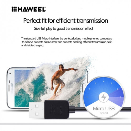 Micro USB à haute vitesse Haweel 3M au câble de charge de la synchronisation de données USB sur USB, Pour Samsung, Xiaomi, Huawei, LG, HTC, les appareils avec Port USB (noir) SH013B127-07