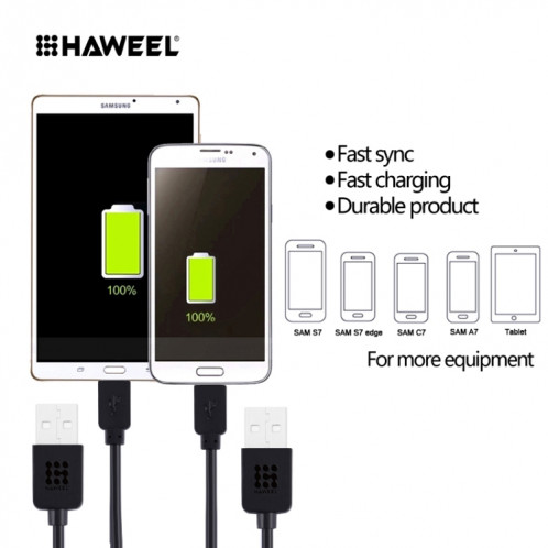 Micro USB à haute vitesse Haweel 3M au câble de charge de la synchronisation de données USB sur USB, Pour Samsung, Xiaomi, Huawei, LG, HTC, les appareils avec Port USB (noir) SH013B127-07