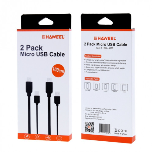 2 PCS Haweel 1M Haute vitesse Micro USB à USB Data Synchronisez les kits de chargement de la synchronisation pour Galaxy, Huawei, Xiaomi, LG, HTC et d'autres téléphones intelligents SH40081260-07