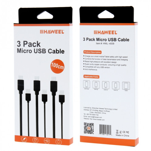 3 PCS Haweel 1M Haute vitesse Micro USB sur USB Données Synchronisez les kits de charge de chargement pour Galaxy, Huawei, Xiaomi, LG, HTC et d'autres téléphones intelligents SH4009541-07