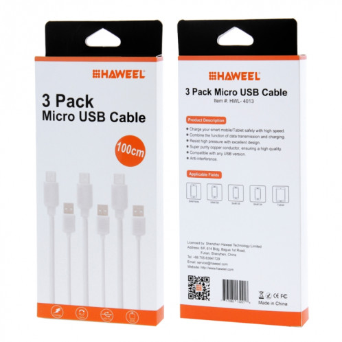 3 pcs haweel 1M haute vitesse micro USB sur USB Data Sync Kits de chargement, Pour Samsung, Huawei, Xiaomi, LG, HTC et d'autres smartphones SH4013448-08