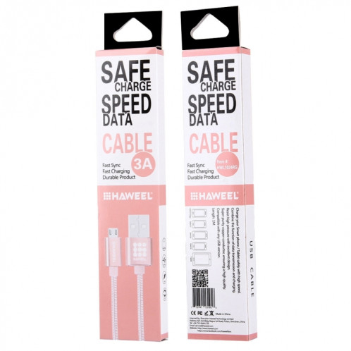 HAWEEL 1m tête en métal de Style tissé 3A câble de charge de données de synchronisation micro USB à USB haute intensité, Pour Samsung, Huawei, Xiaomi, LG, HTC et autres smartphones (or rose) SH24RG258-06