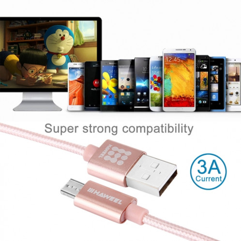 HAWEEL 1m tête en métal de Style tissé 3A câble de charge de données de synchronisation micro USB à USB haute intensité, Pour Samsung, Huawei, Xiaomi, LG, HTC et autres smartphones (or rose) SH24RG258-06
