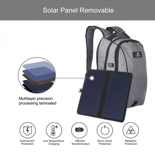 HAWEEL 14W pliable amovible énergie solaire extérieure toile portable double épaule sac à dos pour ordinateur portable, sortie USB: 5V 2.1A Max (gris) SH123H1429-010