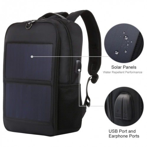 HAWEEL Sac à dos pour ordinateur portable à panneau solaire 14W avec poignée et port de charge USB 5V / 2.1A Max (noir) SH180B777-017