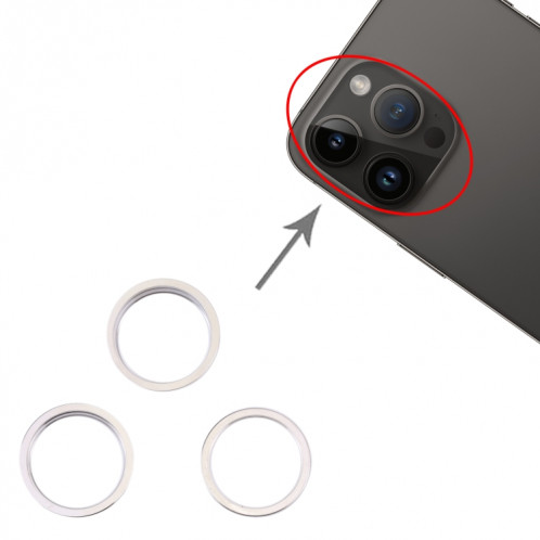 Pour iPhone 14 Pro 3 pièces caméra arrière lentille en verre métal extérieur protecteur anneau de cerceau (argent) SH005S519-04