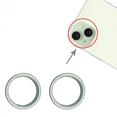 Pour iPhone 15/15 Plus 2 pièces/ensemble lentille en verre de caméra arrière anneau de protection extérieur en métal (vert) SH078G1812-02